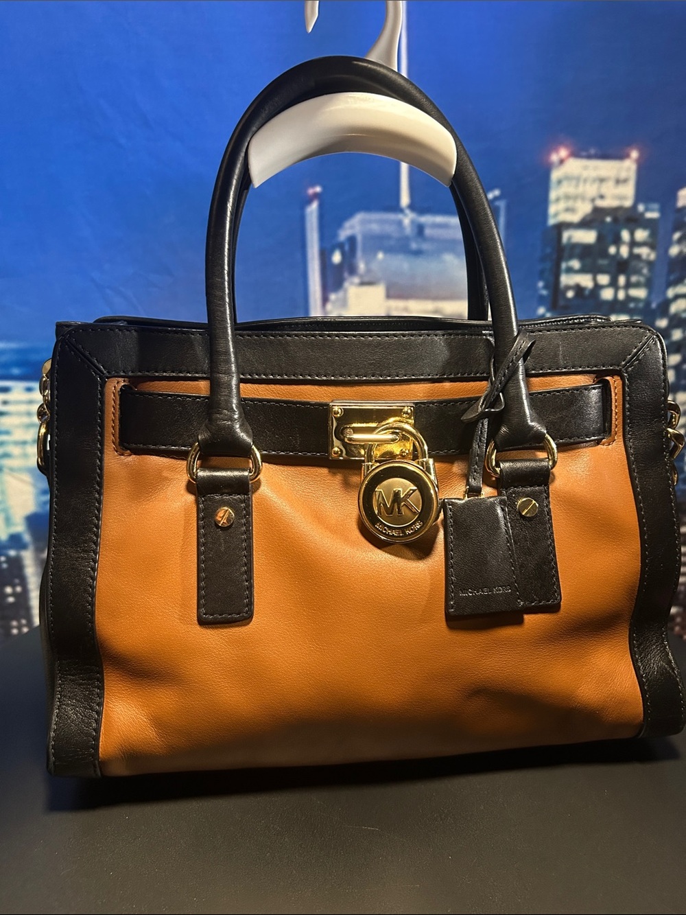 Michael Kors Tan and Black Leather Satchel with Gold Hardware
